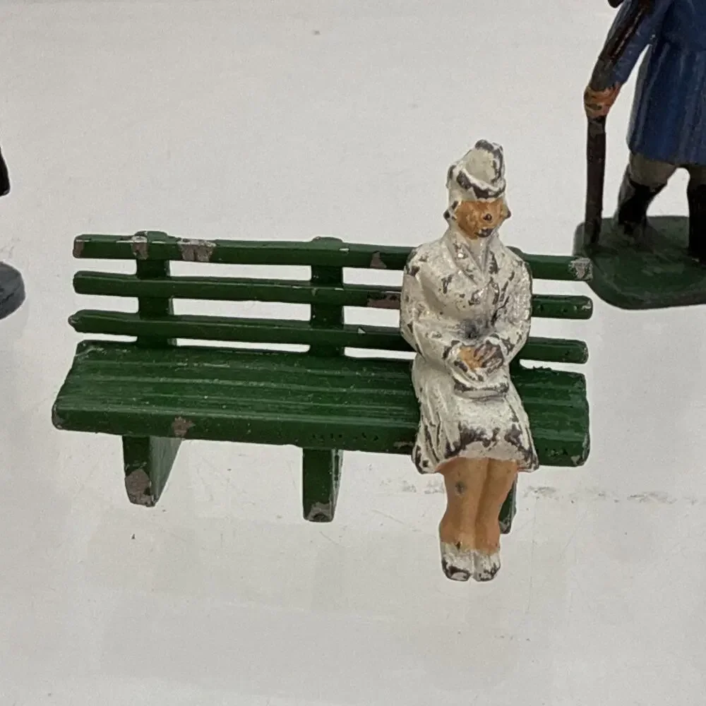 16 Barclay Manoil Painted Lead Traveler Figurines, Benches, Mailbox, Trash, Duck